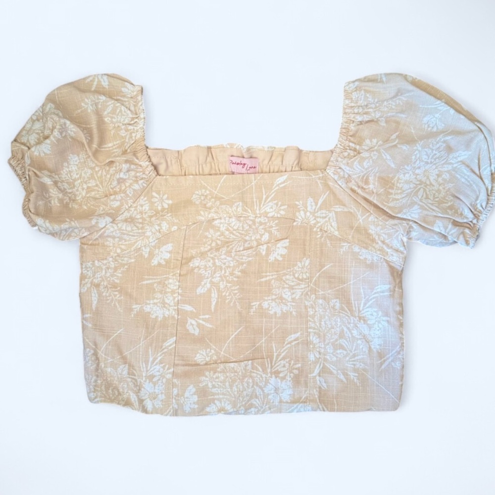 Beige Floral Puff Sleeve Crop Top